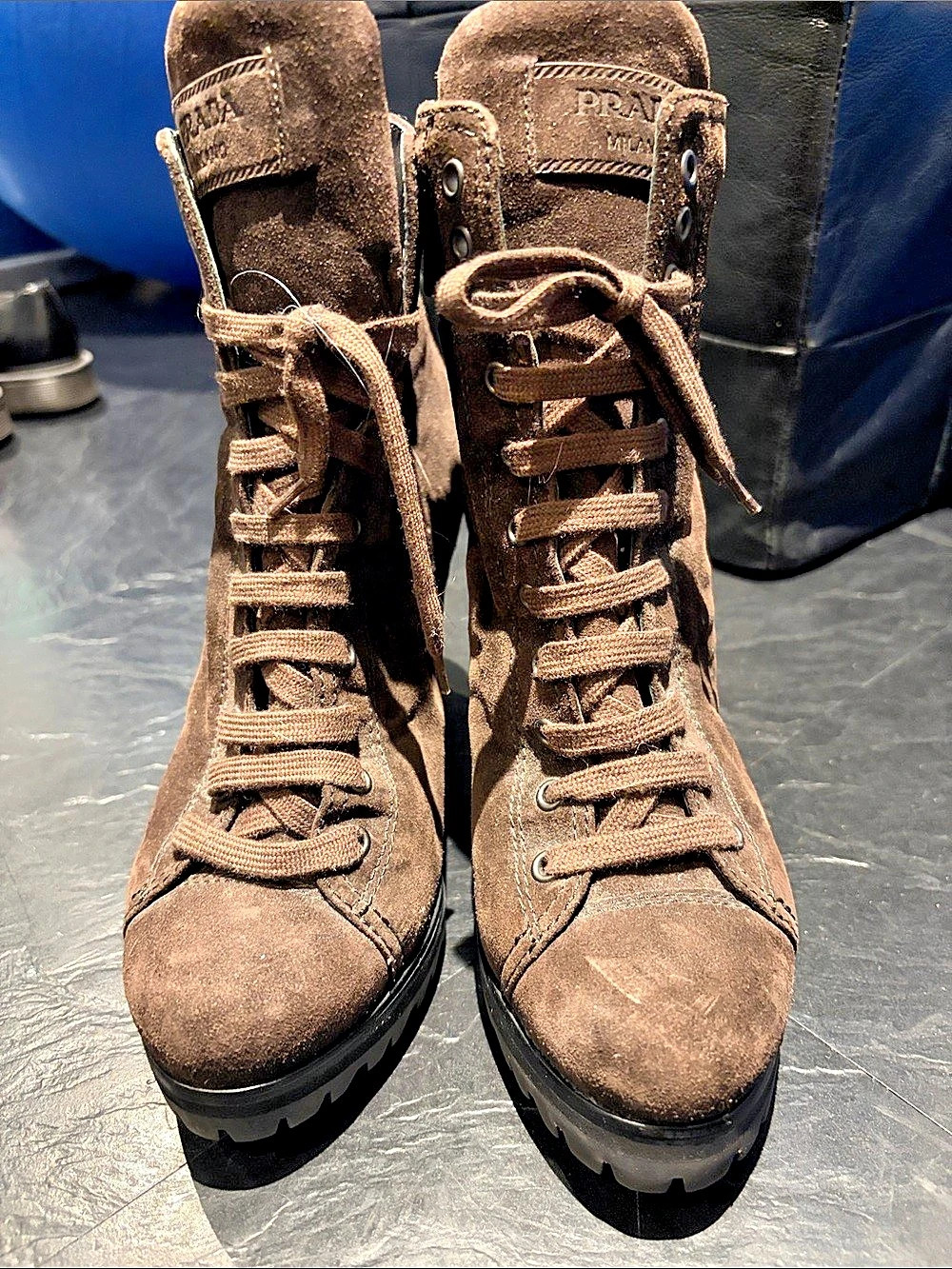 Prada Suede Lace-Up Platform Booties Brown EU 38
